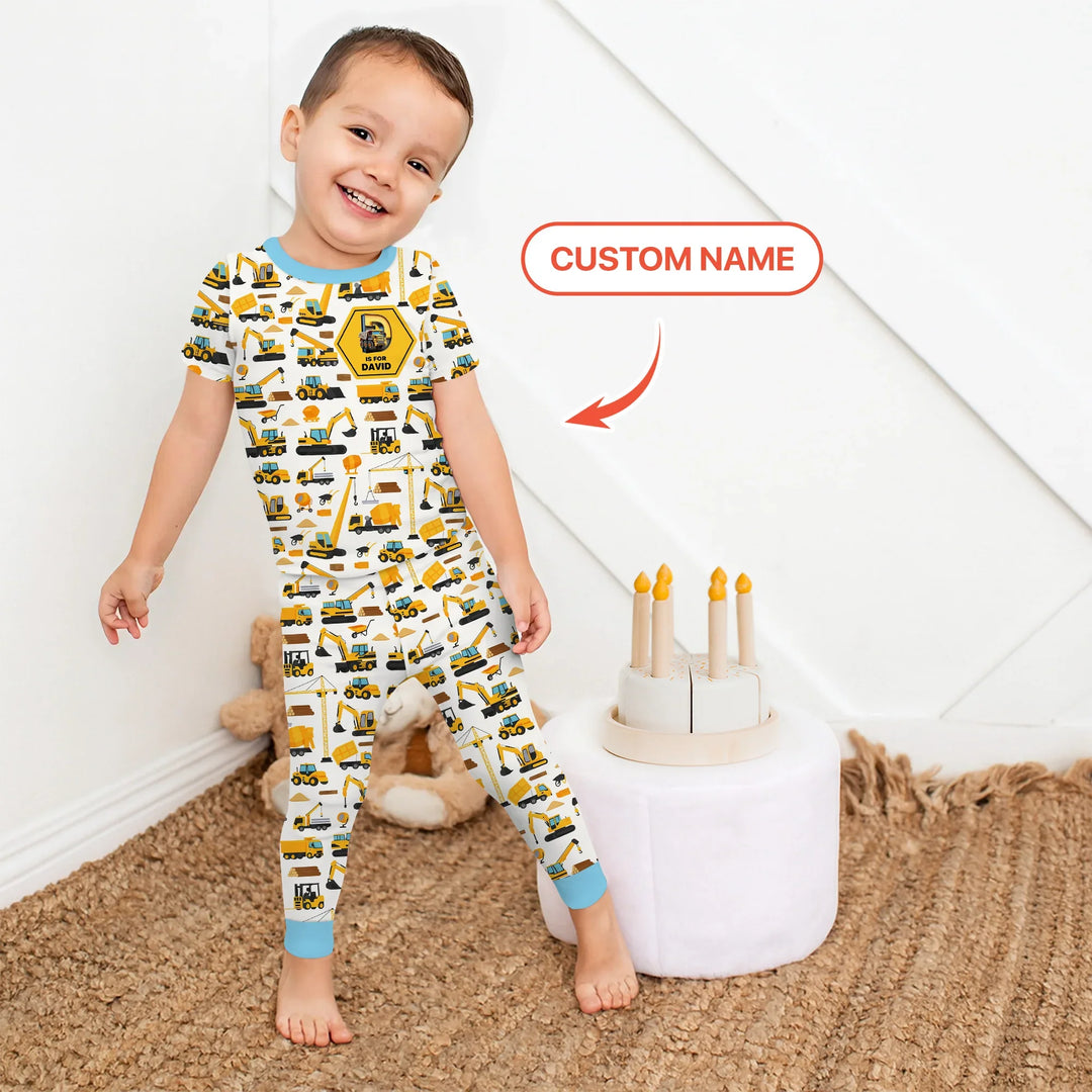 Custom Name Construction Initials Bamboo Two Piece Short Sleeve Pajama Set