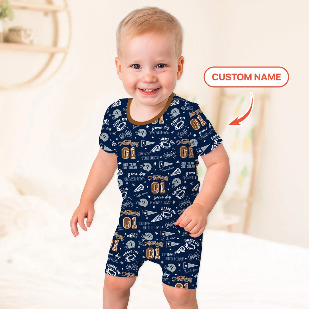 Custom Name Football Game Day Bamboo Two Piece Short Sleeve Shorts Pajama Set