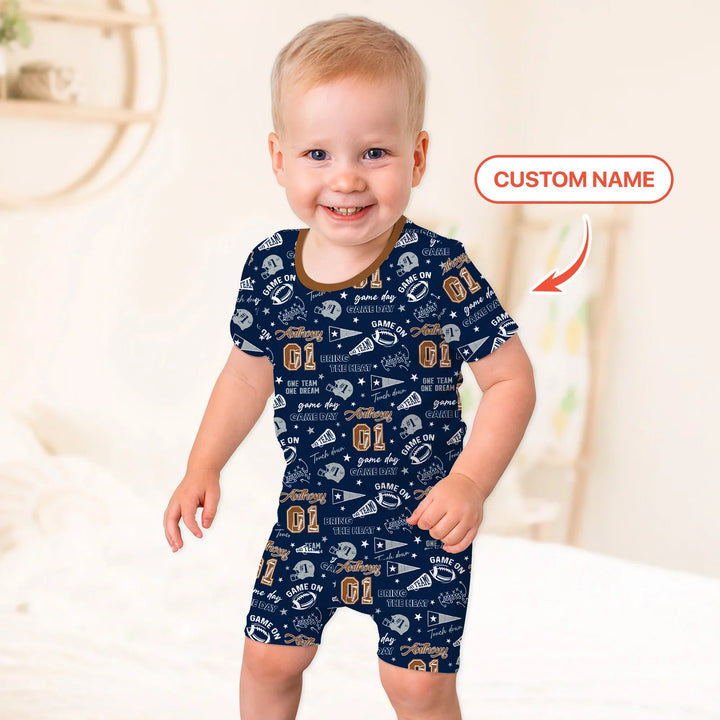 Custom Name Football Game Day Bamboo Two Piece Short Sleeve Shorts Pajama Set