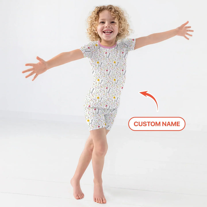 Birth Flower Custom Name Family Daughter Sister Bamboo Two Piece Short Sleeve Shorts Pajama Set