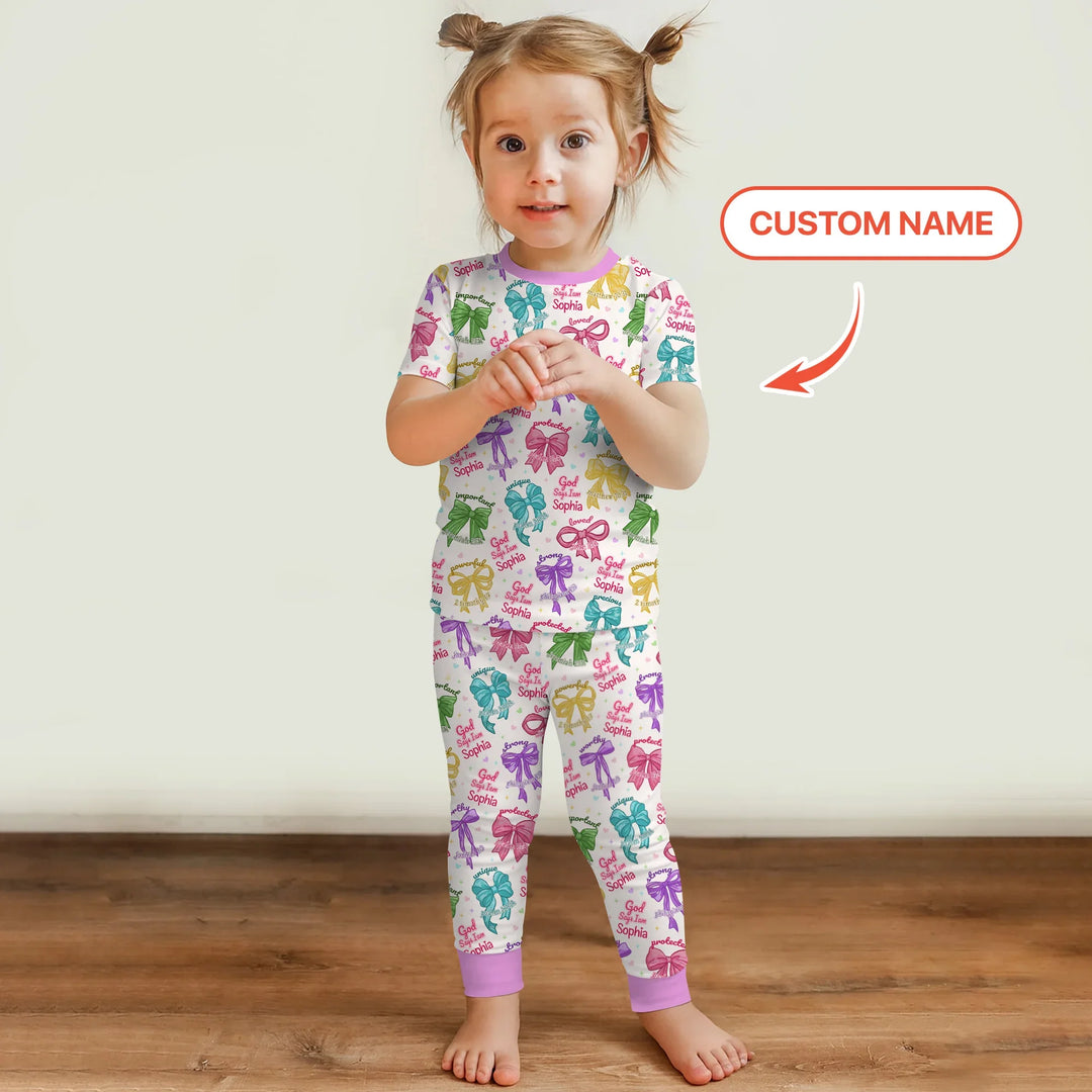 God Says I Am Bow Blessings Custom Name Bamboo Two Piece Short Sleeve Pajama Set