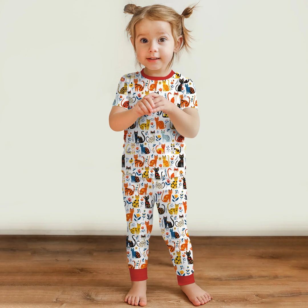 Whimsy Woodland Cats Bamboo Two Piece Short Sleeve Pajama Set
