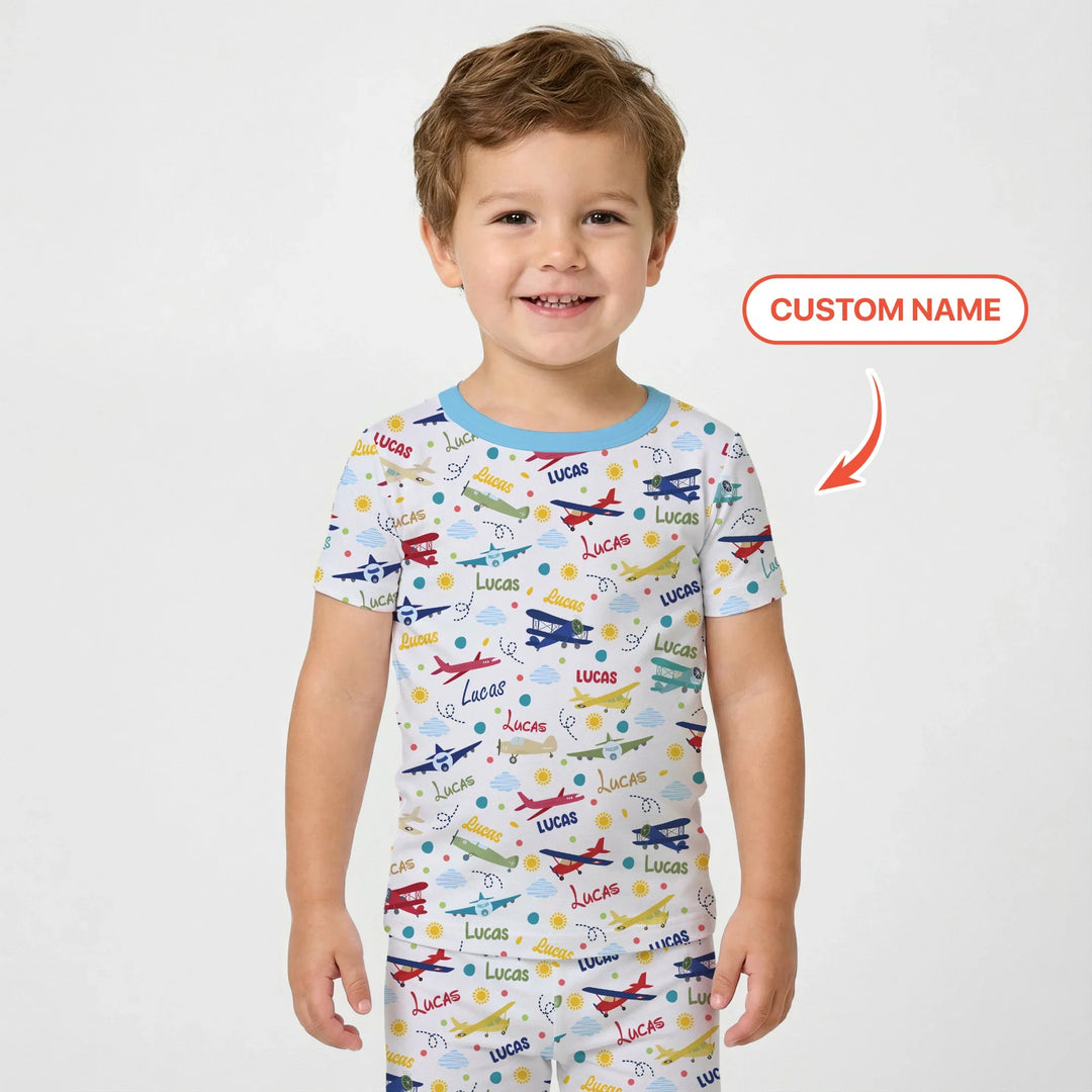 Custom Name Air Transport Bamboo Two Piece Short Sleeve Pajama Set