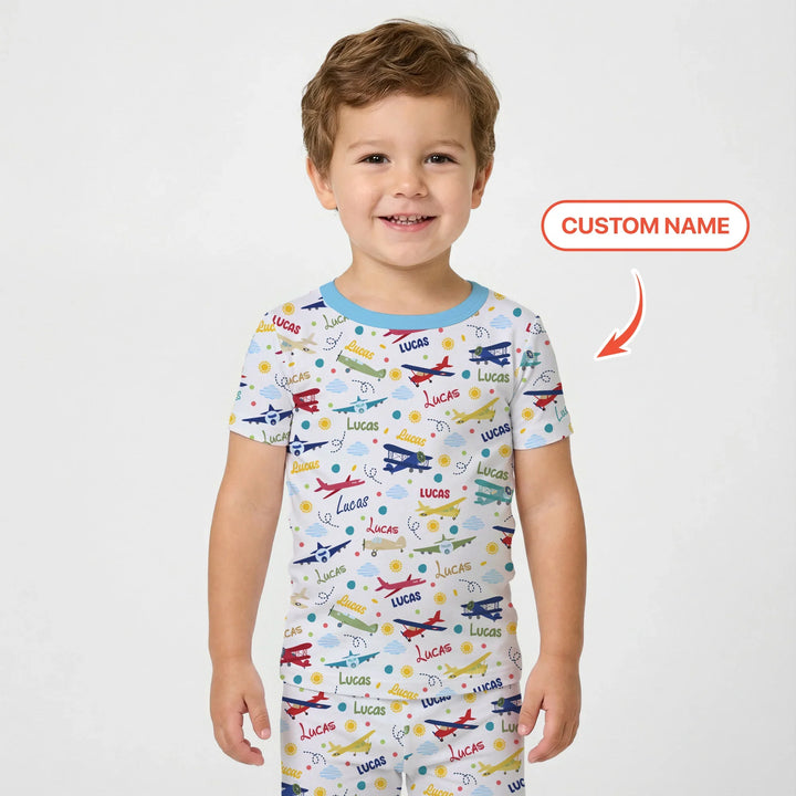 Custom Name Air Transport Bamboo Two Piece Short Sleeve Pajama Set