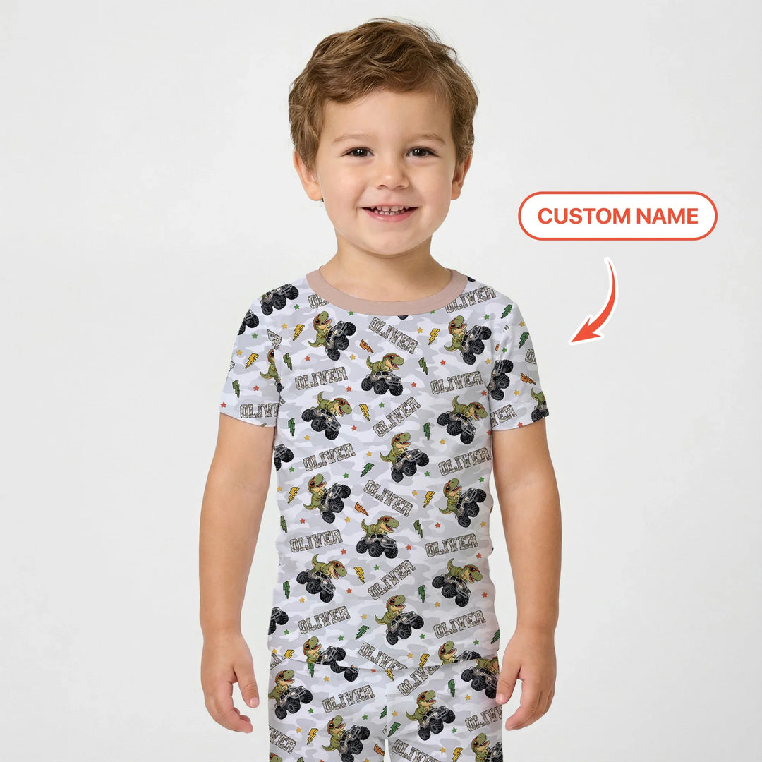 Custom Name Camo Trucker Dino Bamboo Two Piece Short Sleeve Pajama Set