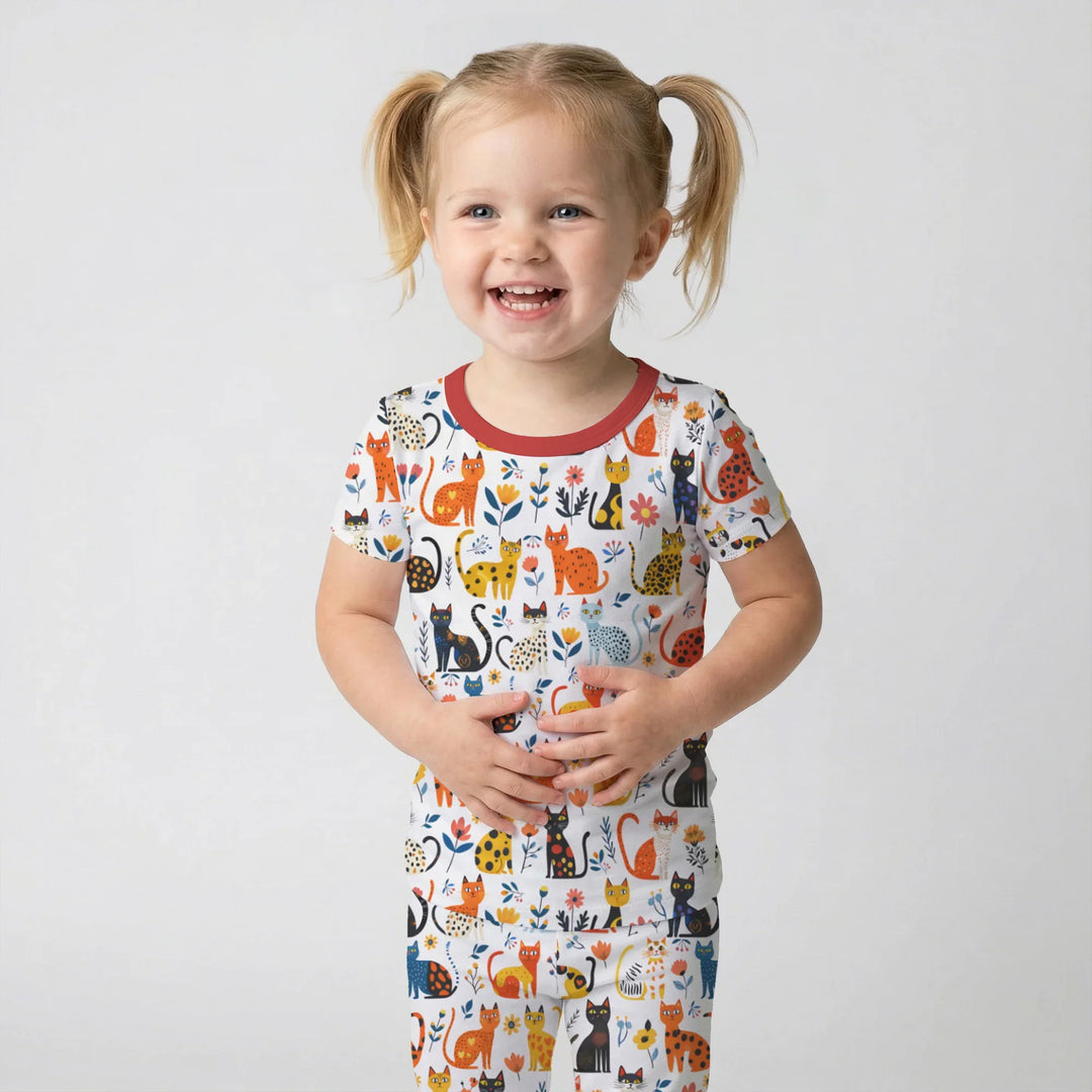 Whimsy Woodland Cats Bamboo Two Piece Short Sleeve Pajama Set