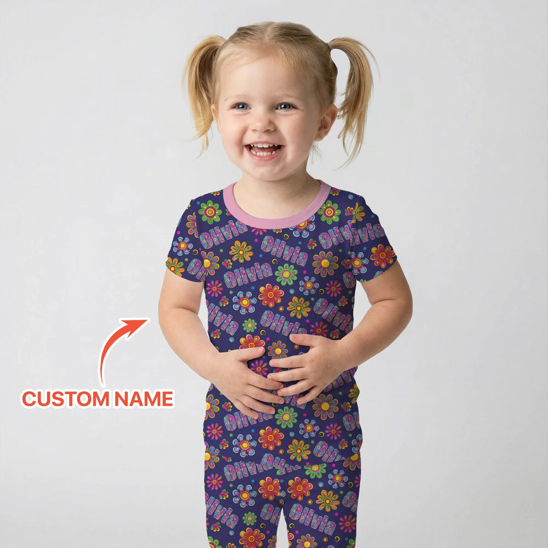 Custom Name Rainbow Hippie Flowers Bamboo Two Piece Short Sleeve Pajama Set