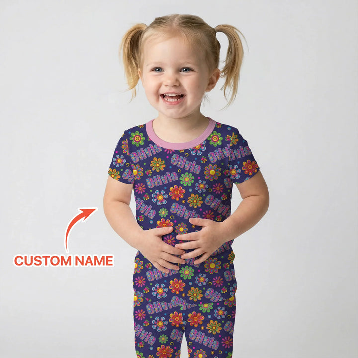 Custom Name Rainbow Hippie Flowers Bamboo Two Piece Short Sleeve Pajama Set