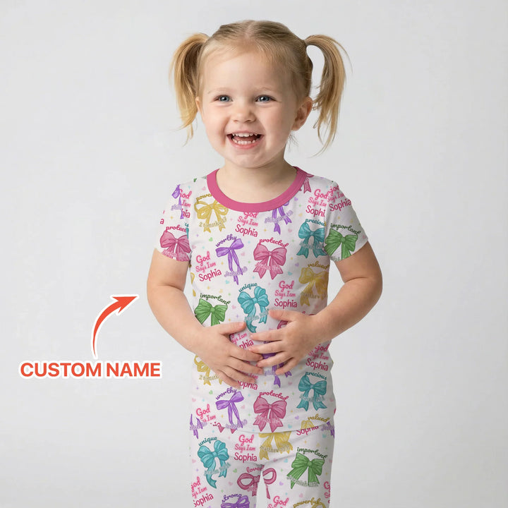 God Says I Am Bow Blessings Custom Name Bamboo Two Piece Short Sleeve Pajama Set