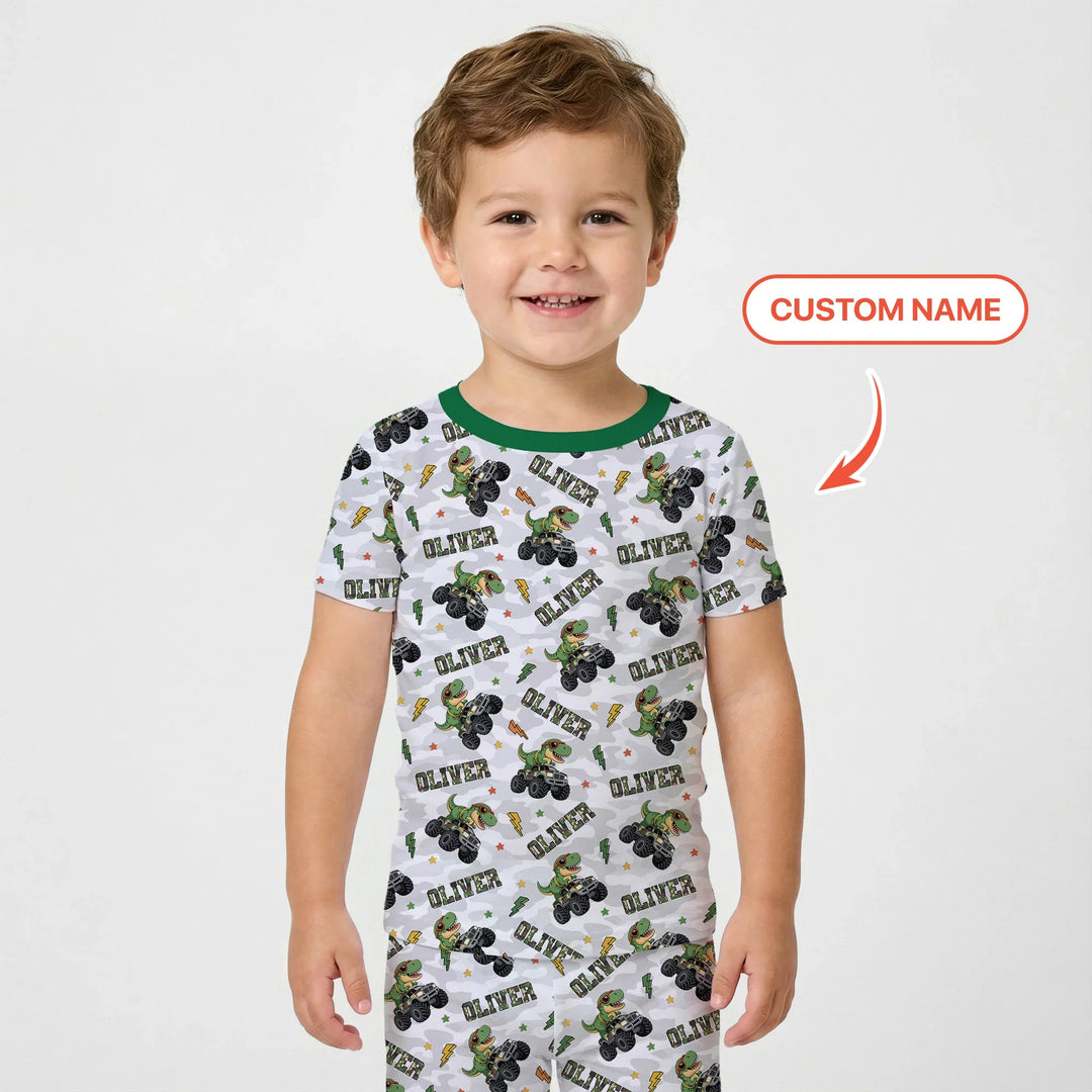 Custom Name Camo Trucker Dino Bamboo Two Piece Short Sleeve Pajama Set