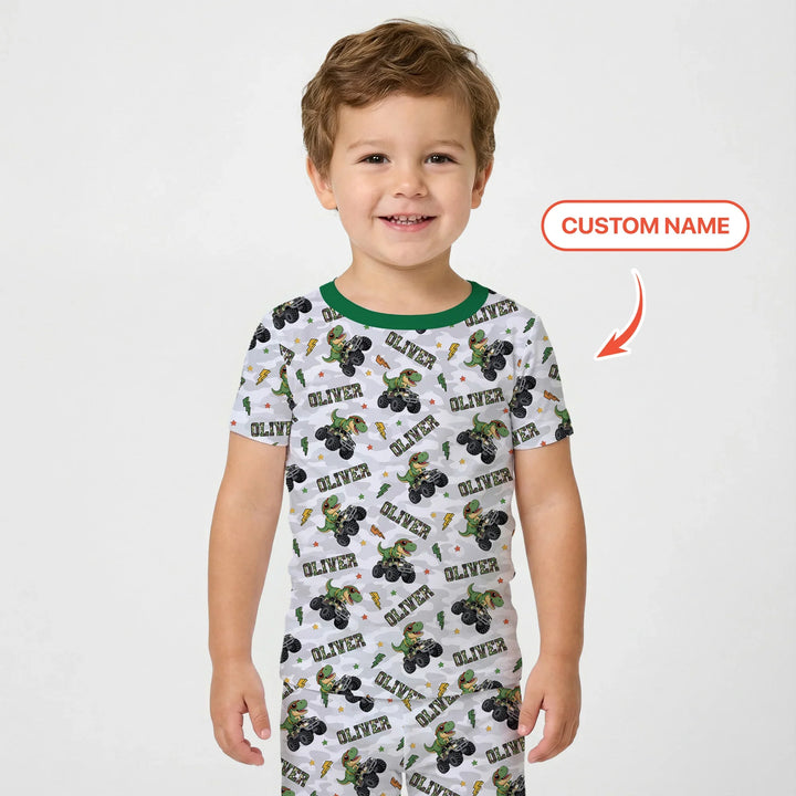 Custom Name Camo Trucker Dino Bamboo Two Piece Short Sleeve Pajama Set