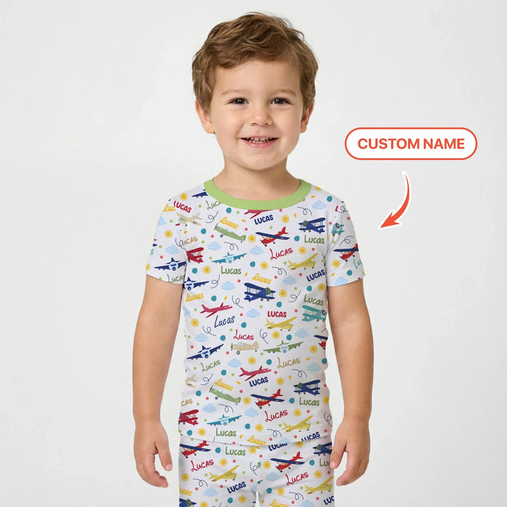 Custom Name Air Transport Bamboo Two Piece Short Sleeve Pajama Set