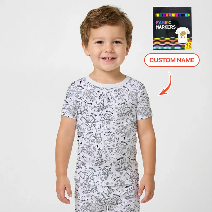 Construction Vehicules Custom Name Colorable Bamboo Two Piece Short Sleeve Pajama Set