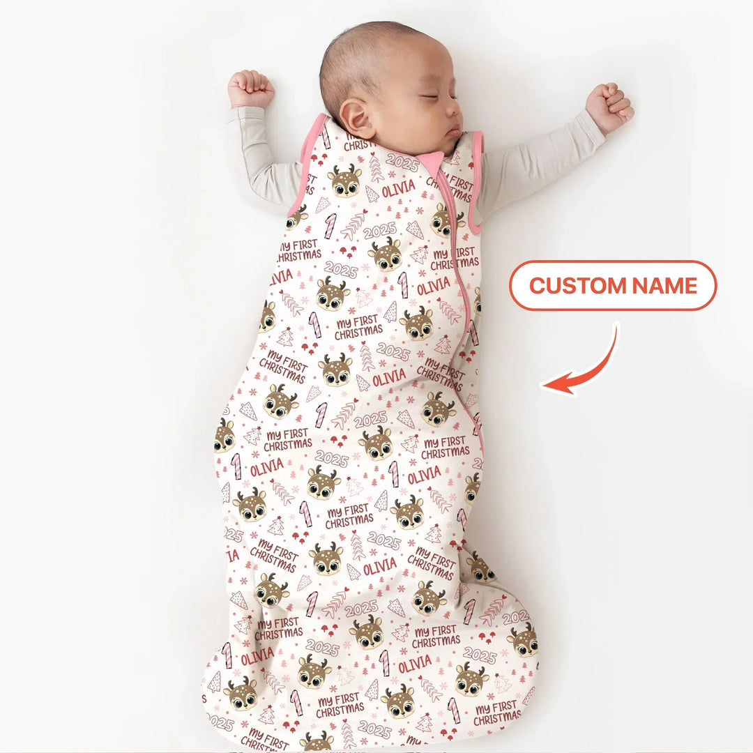 Custom Name Cute Reindeer My First Christmas Bamboo Sleep Bag