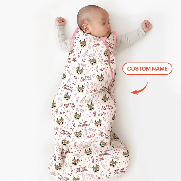 Custom Name Cute Reindeer My First Christmas Bamboo Sleep Bag