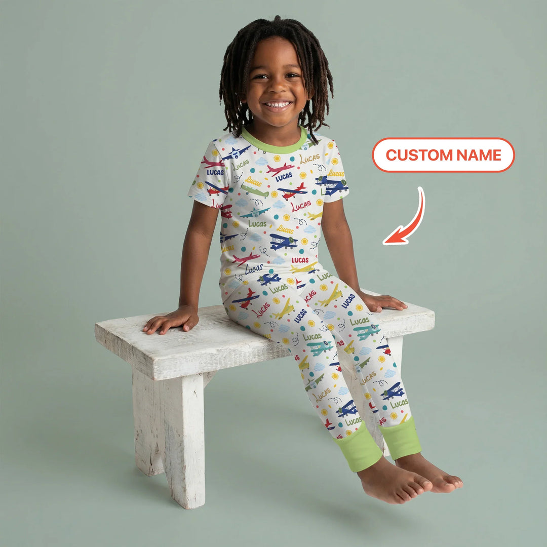 Custom Name Air Transport Bamboo Two Piece Short Sleeve Pajama Set