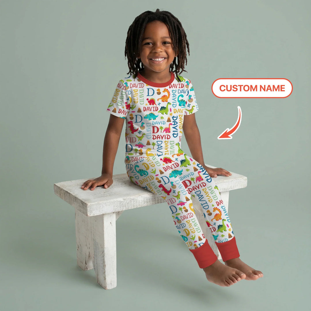 Personalized Fantasy Dinosaur Word Bamboo Two Piece Short Sleeve Pajama Set