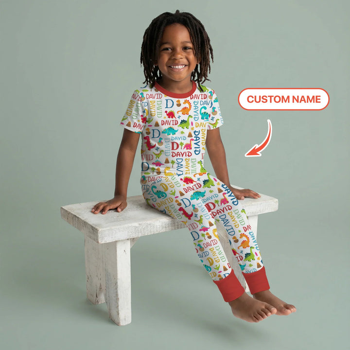 Personalized Fantasy Dinosaur Word Bamboo Two Piece Short Sleeve Pajama Set