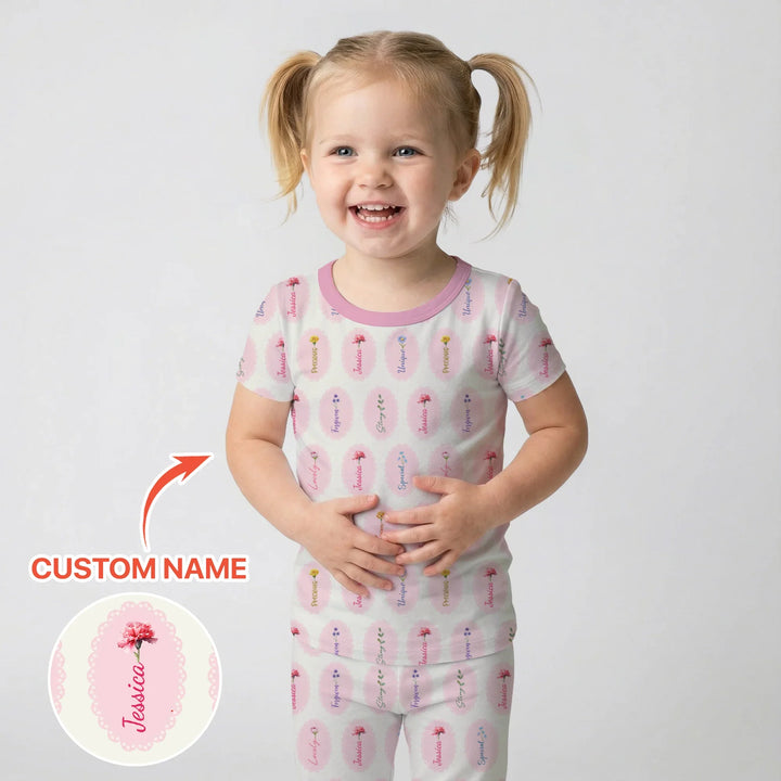 God Says I Am Birthmonth Flowers Custom Name Bamboo Two Piece Short Sleeve Pajama Set