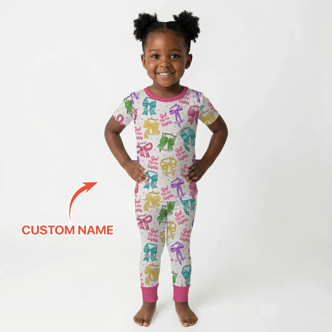 God Says I Am Bow Blessings Custom Name Bamboo Two Piece Short Sleeve Pajama Set