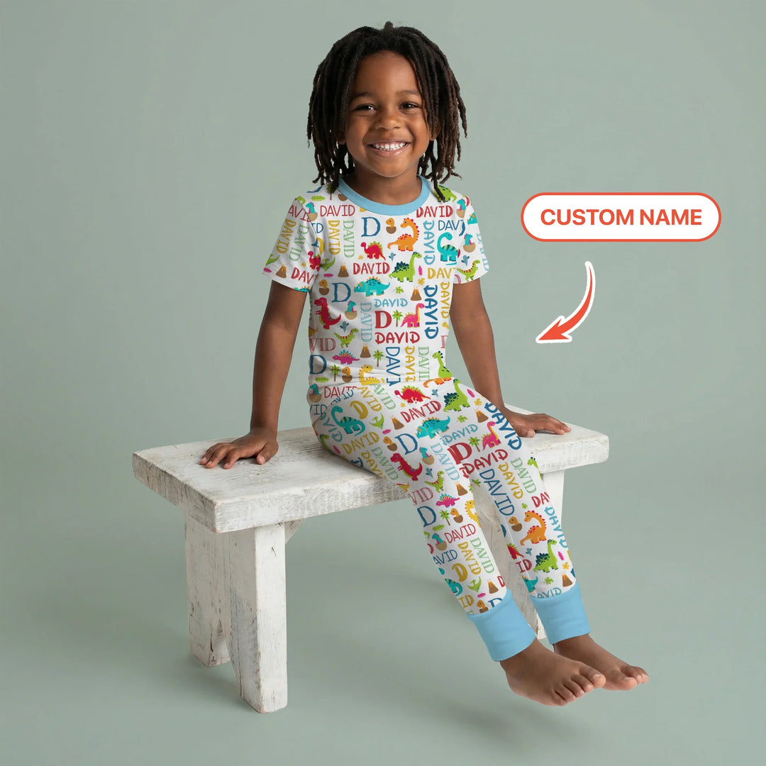 Personalized Fantasy Dinosaur Word Bamboo Two Piece Short Sleeve Pajama Set