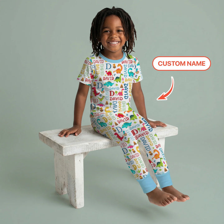 Personalized Fantasy Dinosaur Word Bamboo Two Piece Short Sleeve Pajama Set