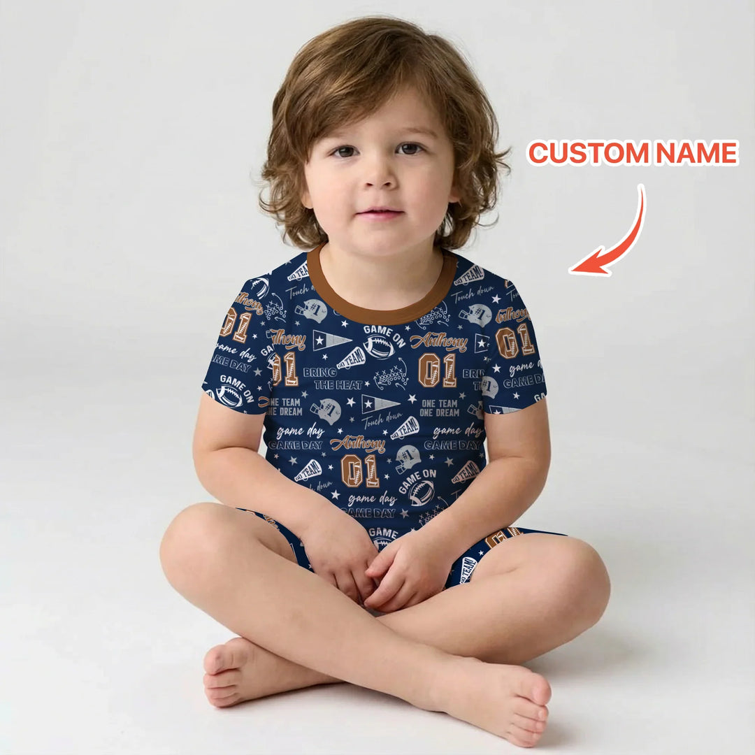 Custom Name Football Game Day Bamboo Two Piece Short Sleeve Shorts Pajama Set