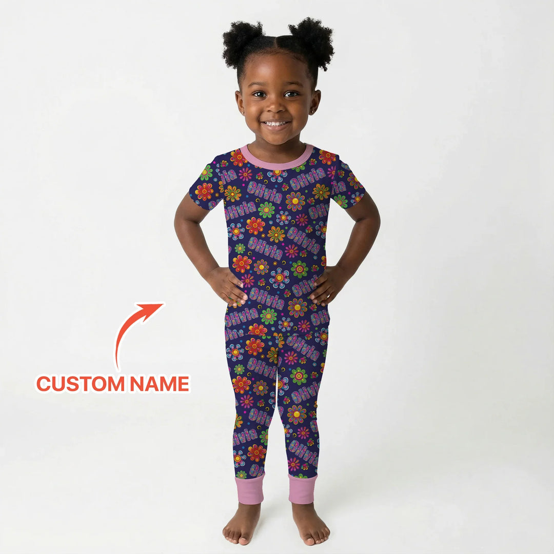 Custom Name Rainbow Hippie Flowers Bamboo Two Piece Short Sleeve Pajama Set