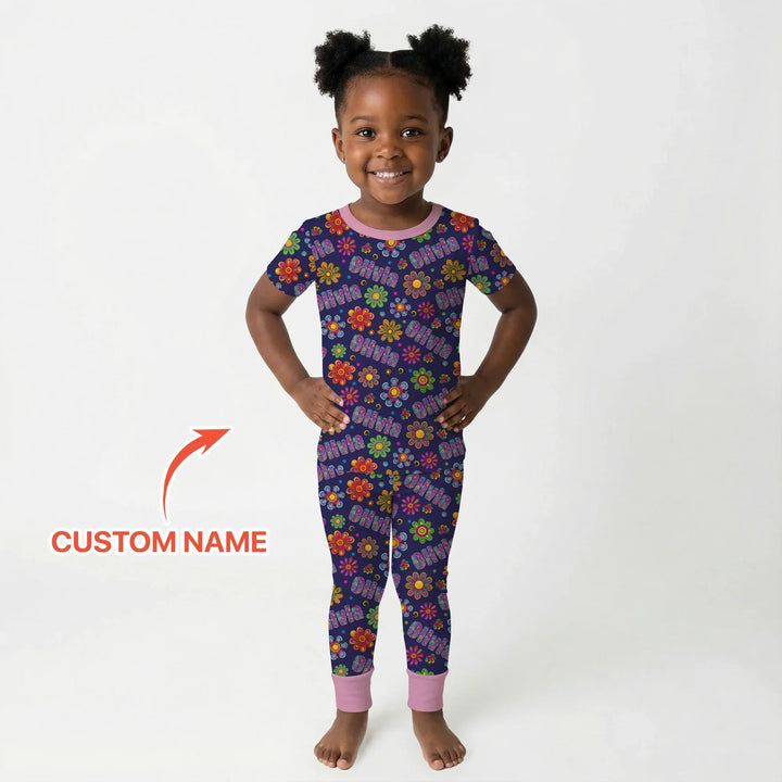 Custom Name Rainbow Hippie Flowers Bamboo Two Piece Short Sleeve Pajama Set