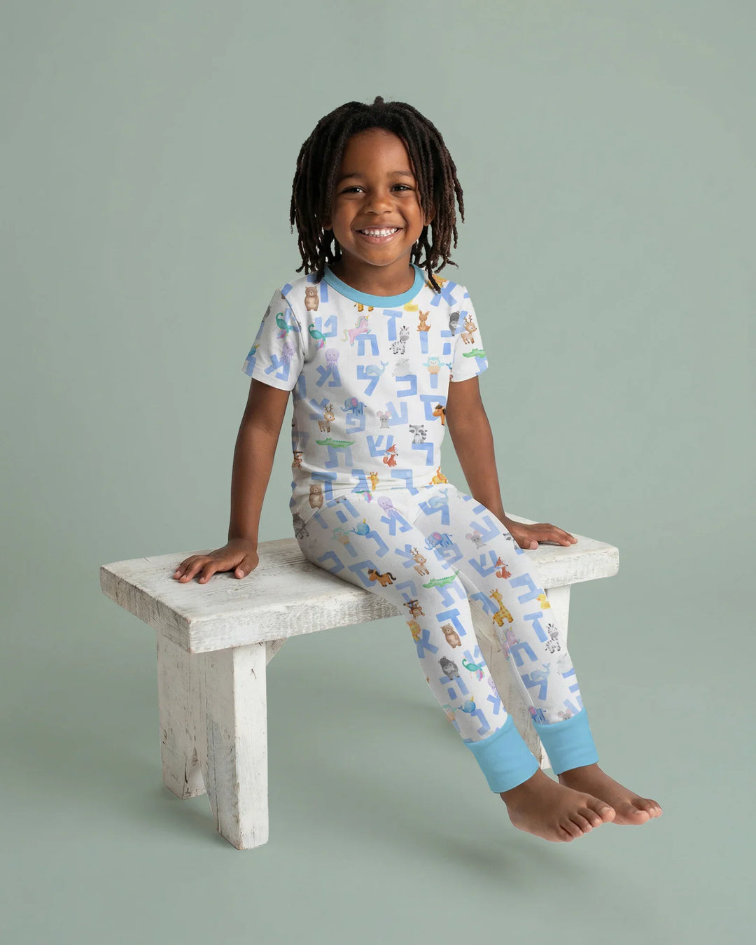 Hebrew Animal Alphabet Bamboo Two Piece Short Sleeve Pajama Set