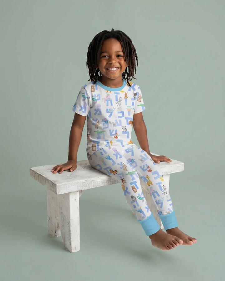 Hebrew Animal Alphabet Bamboo Two Piece Short Sleeve Pajama Set