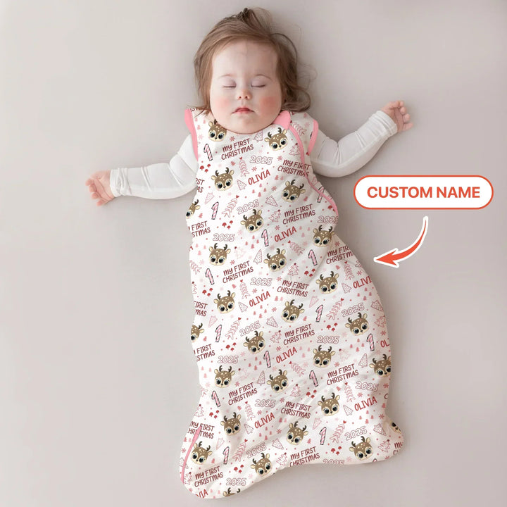 Custom Name Cute Reindeer My First Christmas Bamboo Sleep Bag