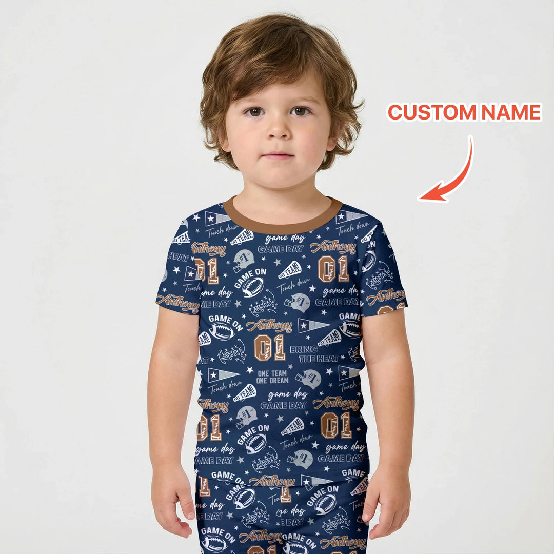 Custom Name Football Game Day Bamboo Two Piece Short Sleeve Shorts Pajama Set