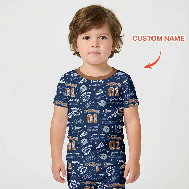 Custom Name Football Game Day Bamboo Two Piece Short Sleeve Shorts Pajama Set