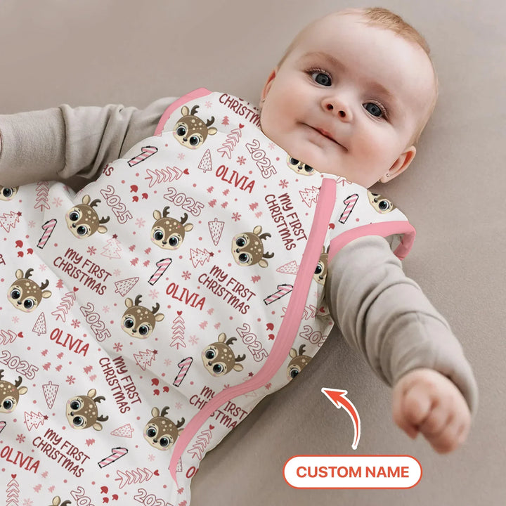 Custom Name Cute Reindeer My First Christmas Bamboo Sleep Bag