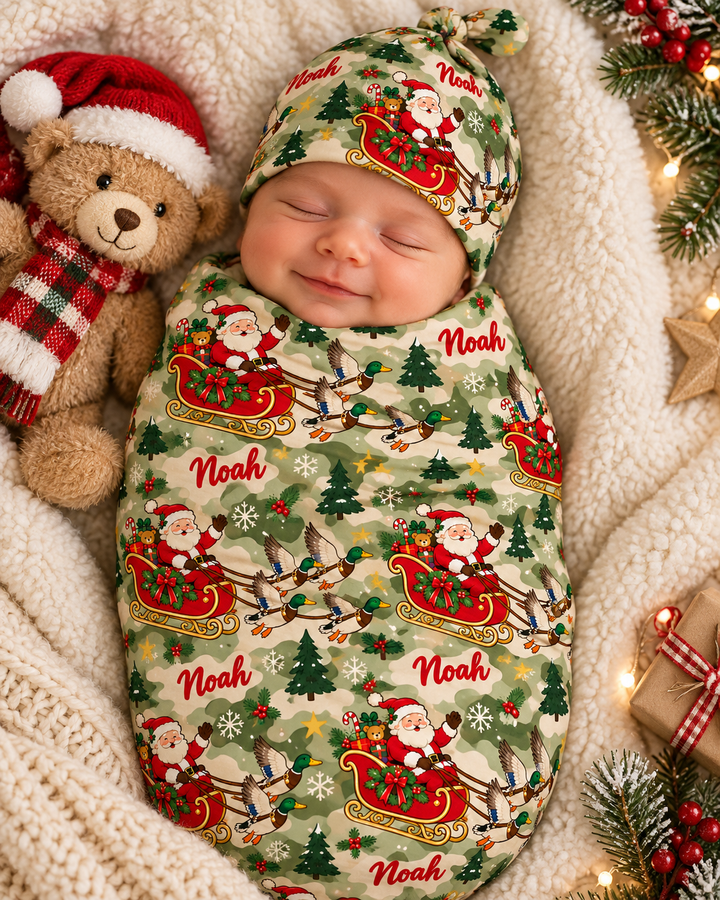 Custom Name Santa Christmas Duck Sleigh Bamboo Swaddle Blanket