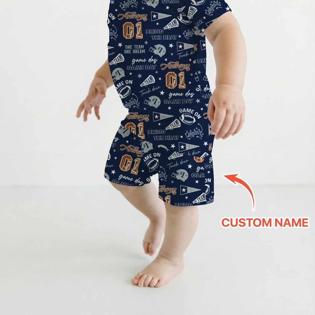Custom Name Football Game Day Bamboo Two Piece Short Sleeve Shorts Pajama Set