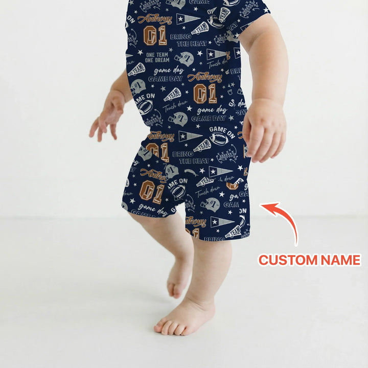 Custom Name Football Game Day Bamboo Two Piece Short Sleeve Shorts Pajama Set