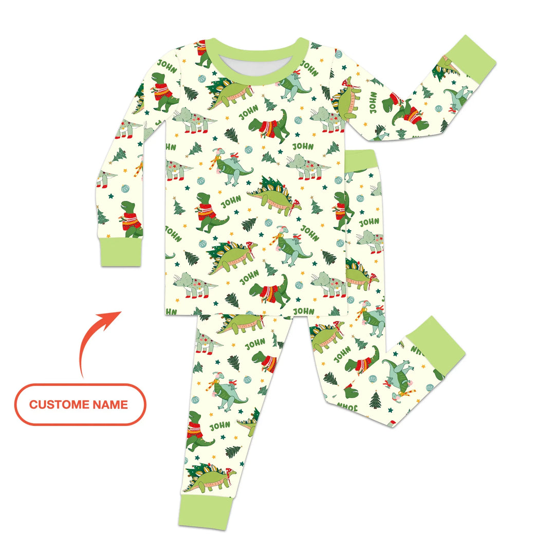 Custom Name Dinosaurs Christmas Tree Bamboo Two Piece Long Sleeve Pajama Set