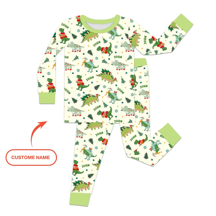 Custom Name Dinosaurs Christmas Tree Bamboo Two Piece Long Sleeve Pajama Set