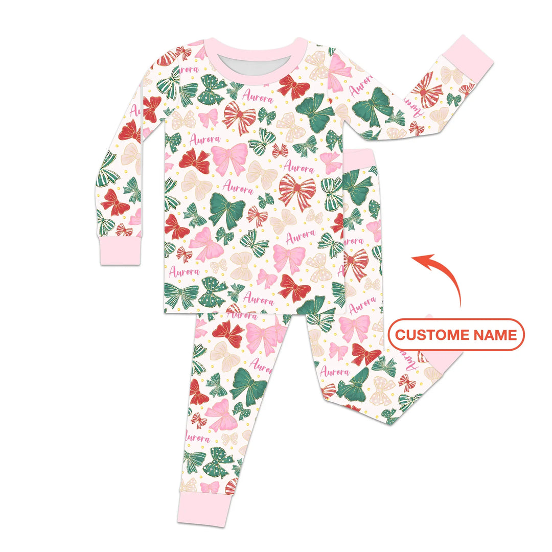Custom Name Preppy Coquette Bows Bamboo Two Piece Long Sleeve Pajama Set