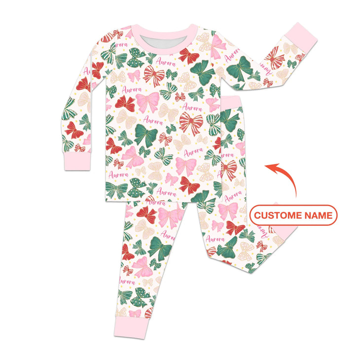 Custom Name Preppy Coquette Bows Bamboo Two Piece Long Sleeve Pajama Set