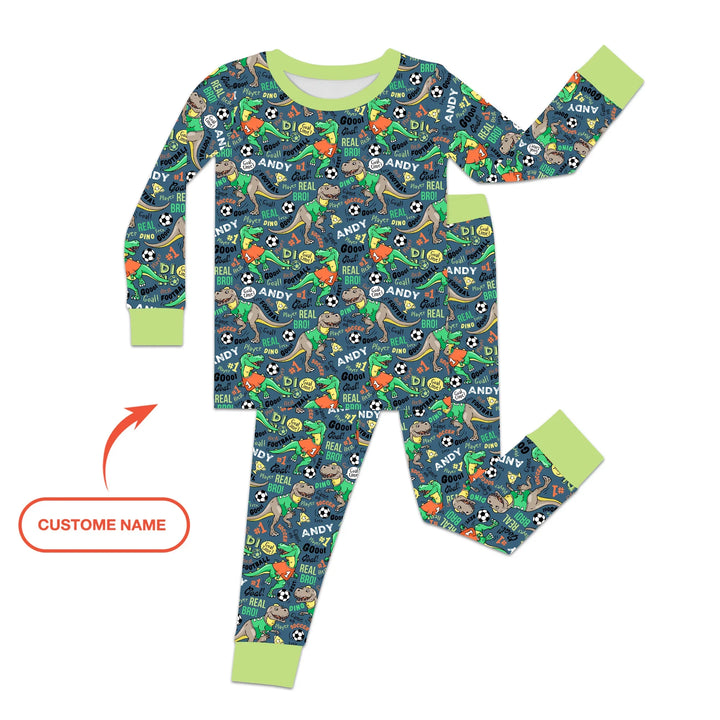 Custom Name Dino Soccer Bamboo Two Piece Long Sleeve Pajama Set