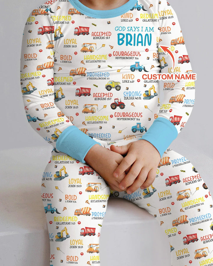Personalized God Says I Am Little Builder Bamboo Two Piece Long Sleeve Pajama Set