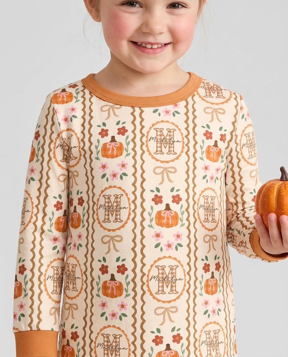 Custom Name Pumpkin Cottage Bamboo Two Piece Long Sleeve Pajama Set