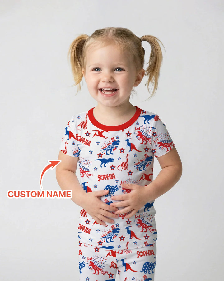 Custom Name Patriotic Dinosaur Bamboo Two Piece Short Sleeve Pajama Set
