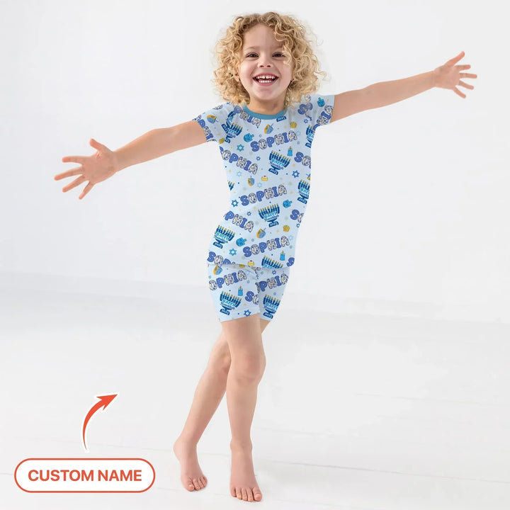 Custom name Happy Hanukkah 2025 Bamboo Two Piece Short Sleeve Shorts Pajama Set