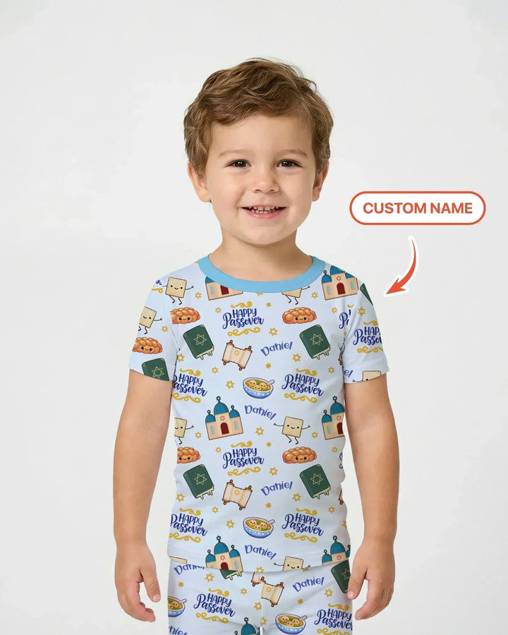 Custom name "Pesach Sameach" Bamboo Two Piece Short Sleeve Pajama Set