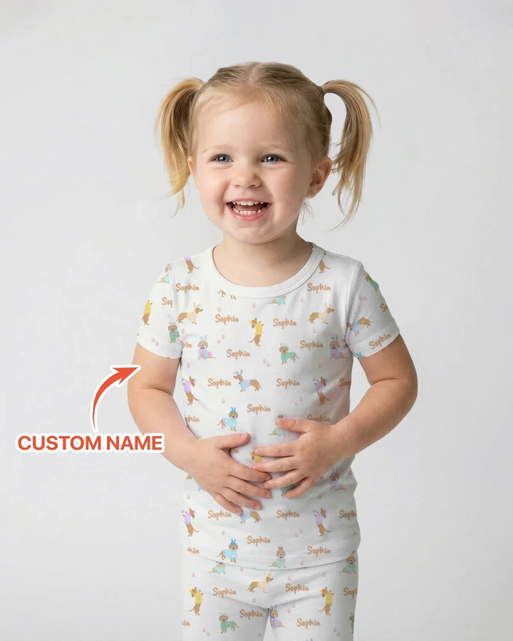 Custom Name Easter Dachshund Bamboo Two Piece Short Sleeve Pajama Set