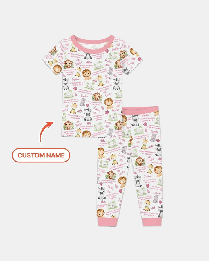 Custom Name Bible Verse Safari Animal Bamboo Two Piece Short Sleeve Pajama Set